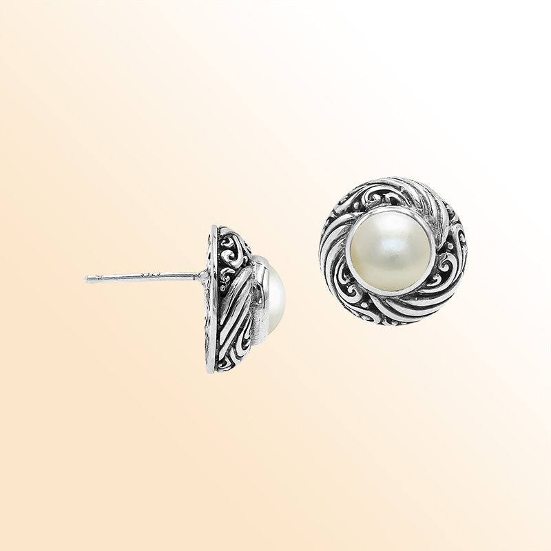Sterling Silver Bali Swirl Pearl Stud Earrings With Oxidized Scroll Detailing Handcrafted In Bali