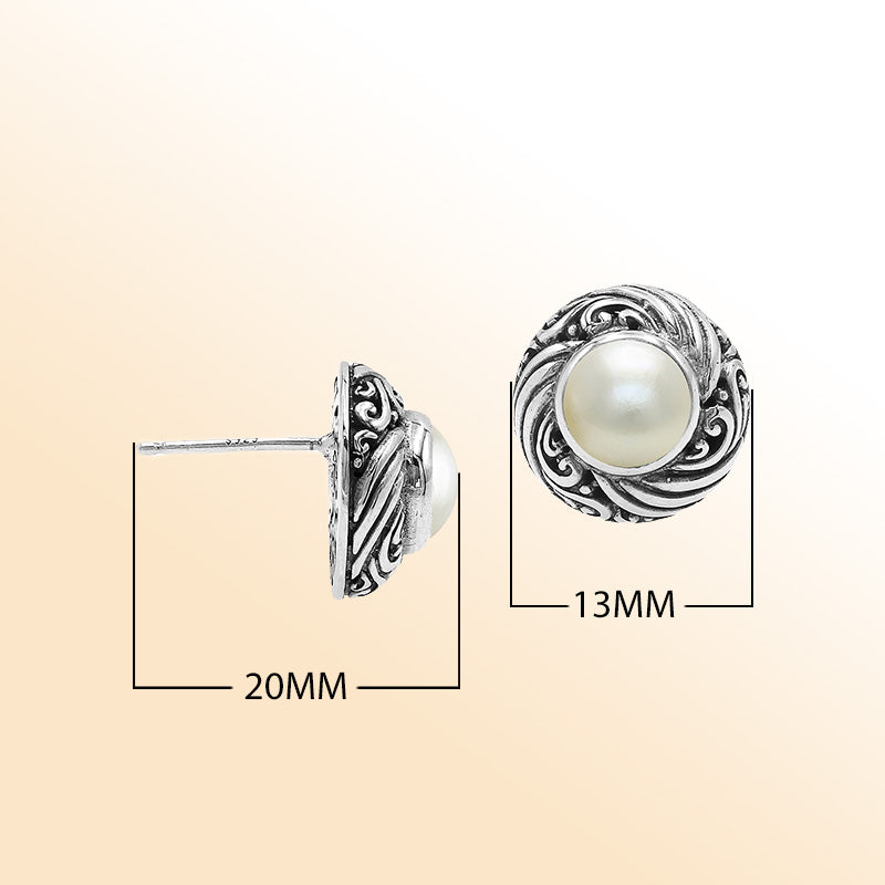 Sterling Silver Bali Swirl Pearl Stud Earrings With Oxidized Scroll Detailing Handcrafted In Bali