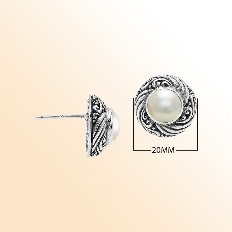 Sterling Silver Bali Swirl Pearl Stud Earrings With Oxidized Scroll Detailing Handcrafted In Bali