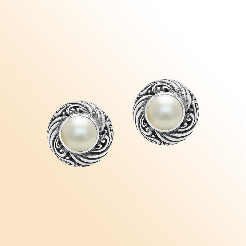 Sterling Silver Bali Swirl Pearl Stud Earrings With Oxidized Scroll Detailing Handcrafted In Bali