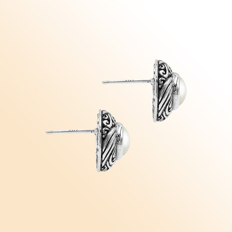 Sterling Silver Bali Swirl Pearl Stud Earrings With Oxidized Scroll Detailing Handcrafted In Bali