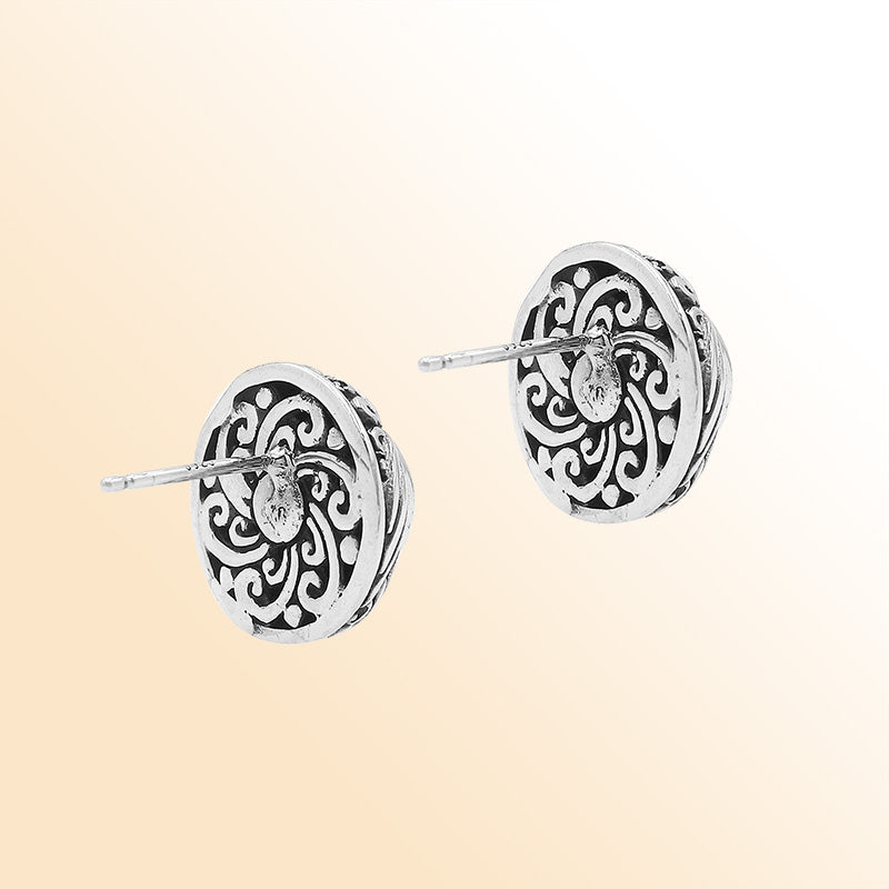 Sterling Silver Bali Swirl Pearl Stud Earrings With Oxidized Scroll Detailing Handcrafted In Bali