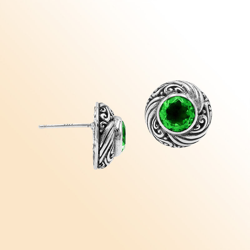 Sterling Silver Bali Swirl Peridot Quartz Stud Earrings With Oxidized Scroll Detailing Handcrafted In Bali