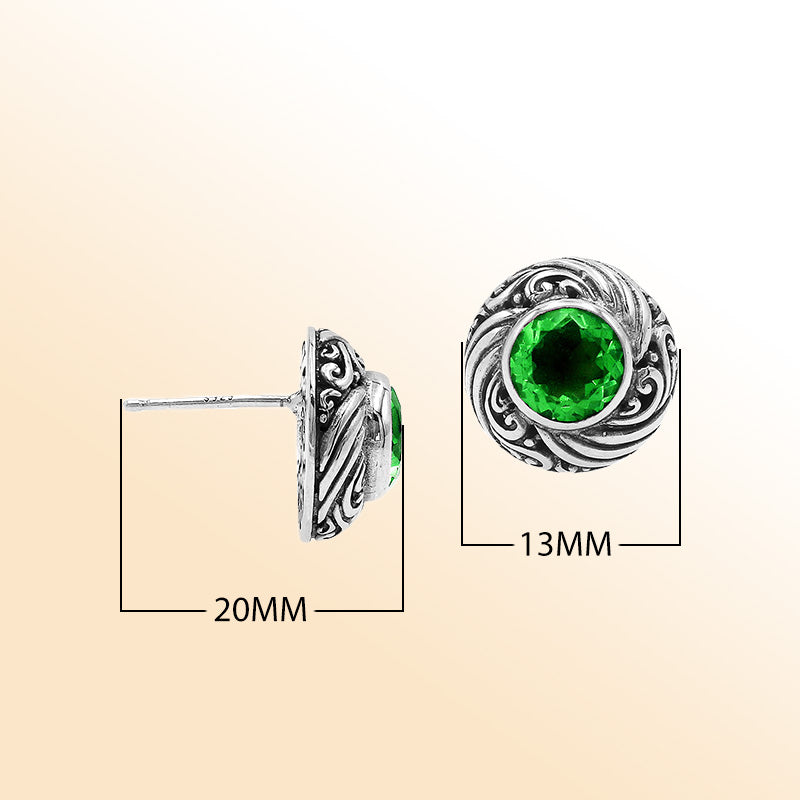 Sterling Silver Bali Swirl Peridot Quartz Stud Earrings With Oxidized Scroll Detailing Handcrafted In Bali