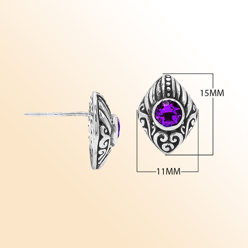 Sterling Silver Bali Marquise Amethyst Quartz Stud Earrings With Oxidized Scroll Carving Handcrafted In Bali