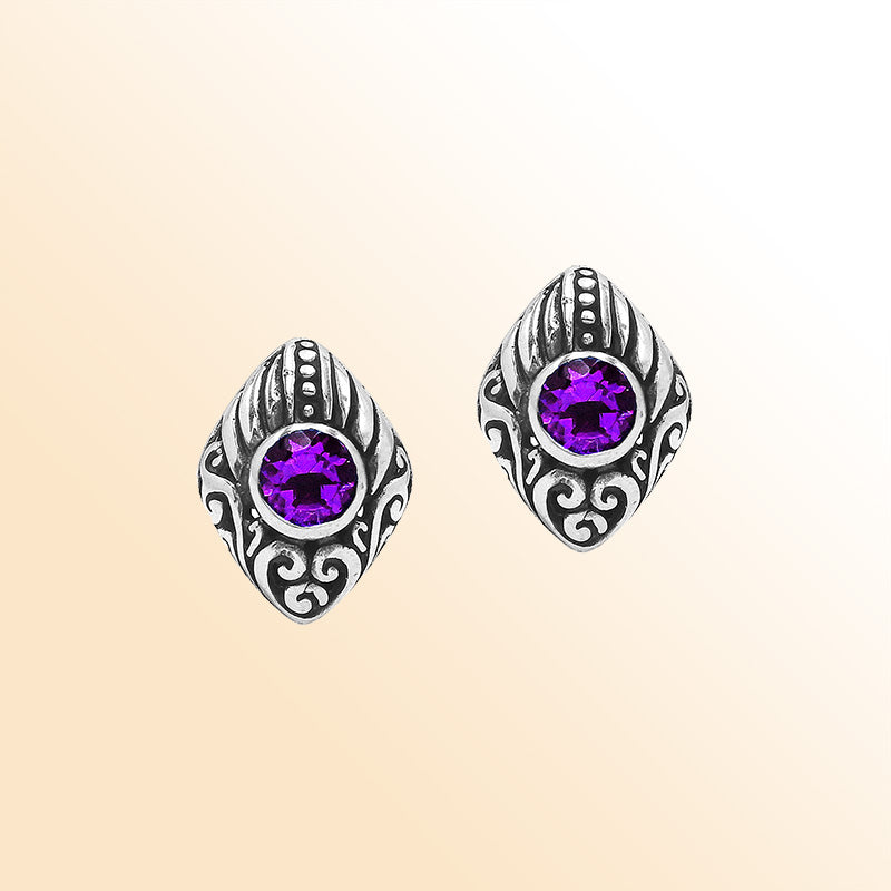 Sterling Silver Bali Marquise Amethyst Quartz Stud Earrings With Oxidized Scroll Carving Handcrafted In Bali