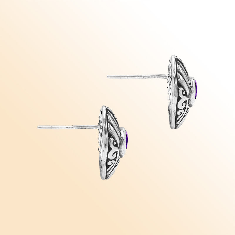 Sterling Silver Bali Marquise Amethyst Quartz Stud Earrings With Oxidized Scroll Carving Handcrafted In Bali