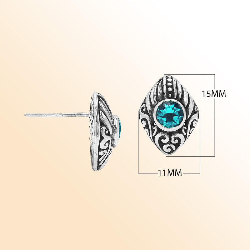 Sterling Silver Bali Marquise Blue Topaz Quartz Stud Earrings With Oxidized Scroll Carving Handcrafted In Bali