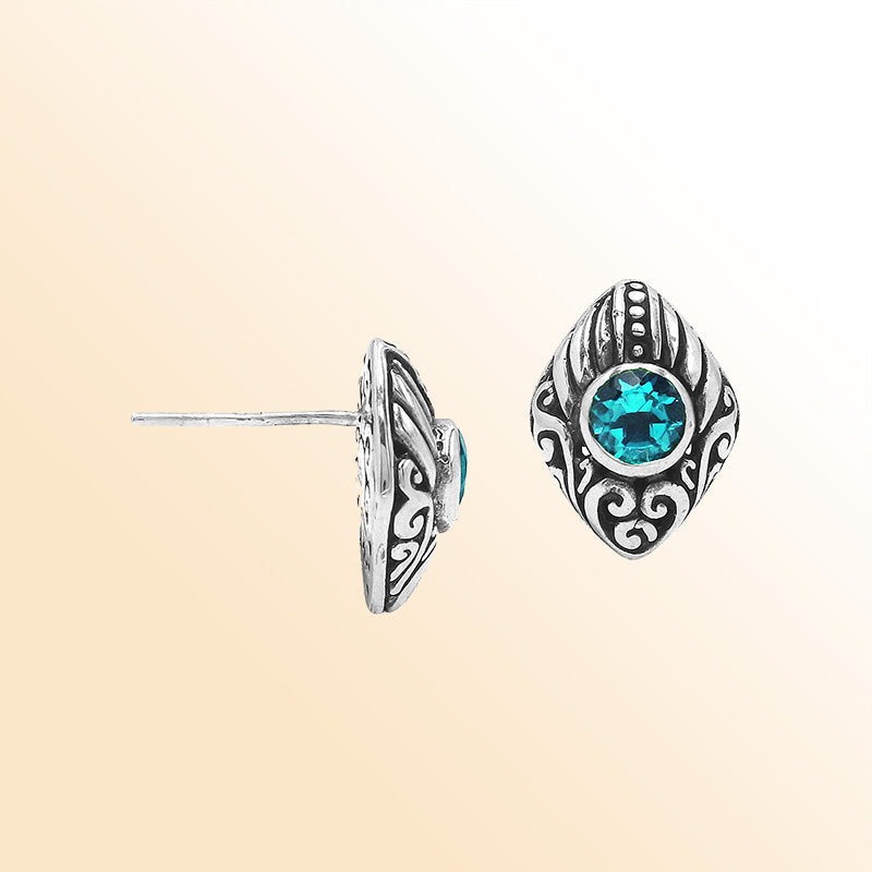 Sterling Silver Bali Marquise Blue Topaz Quartz Stud Earrings With Oxidized Scroll Carving Handcrafted In Bali