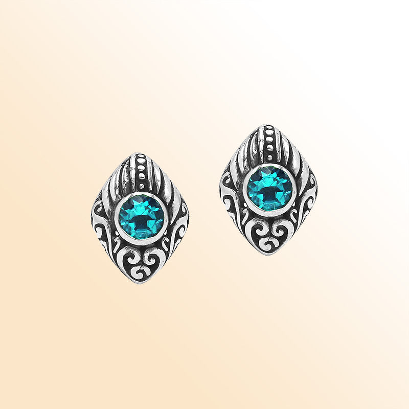 Sterling Silver Bali Marquise Blue Topaz Quartz Stud Earrings With Oxidized Scroll Carving Handcrafted In Bali