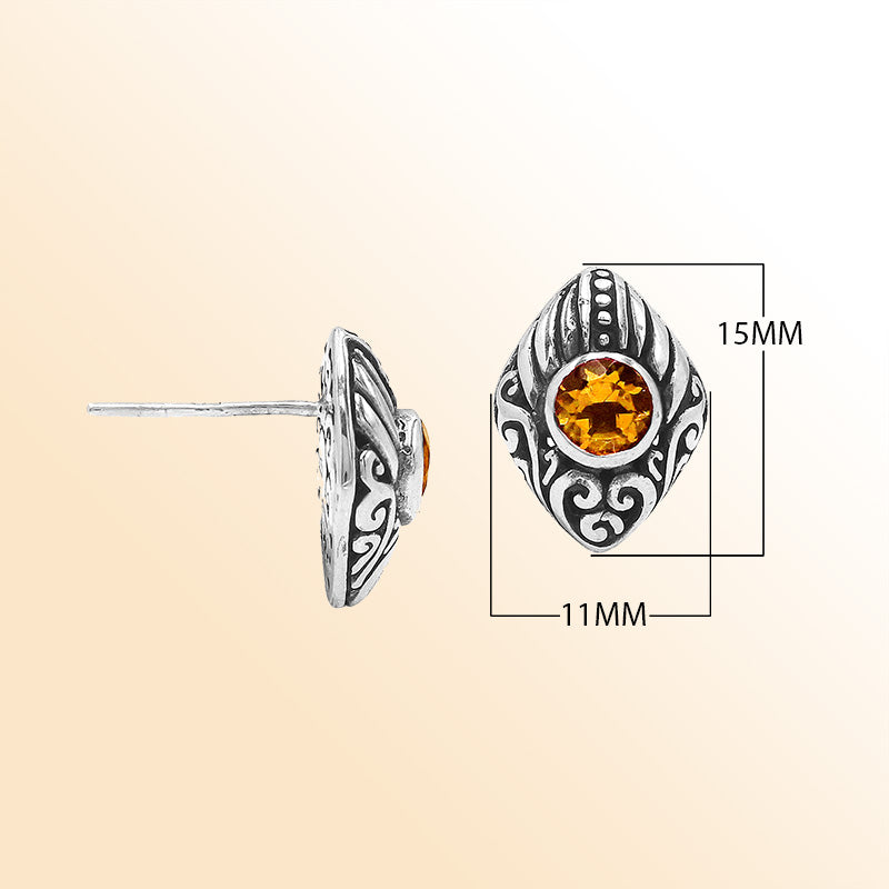 Sterling Silver Bali Marquise Citrine Quartz Stud Earrings With Oxidized Scroll Carving Handcrafted In Bali
