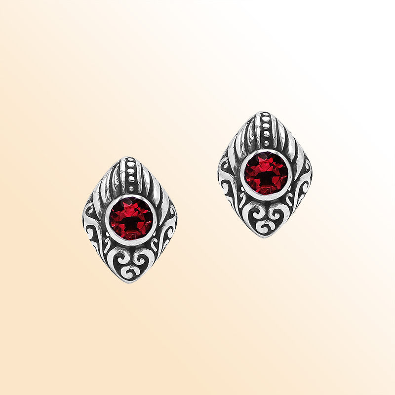 Sterling Silver Bali Marquise Garnet Quartz Stud Earrings With Oxidized Scroll Carving Handcrafted In Bali