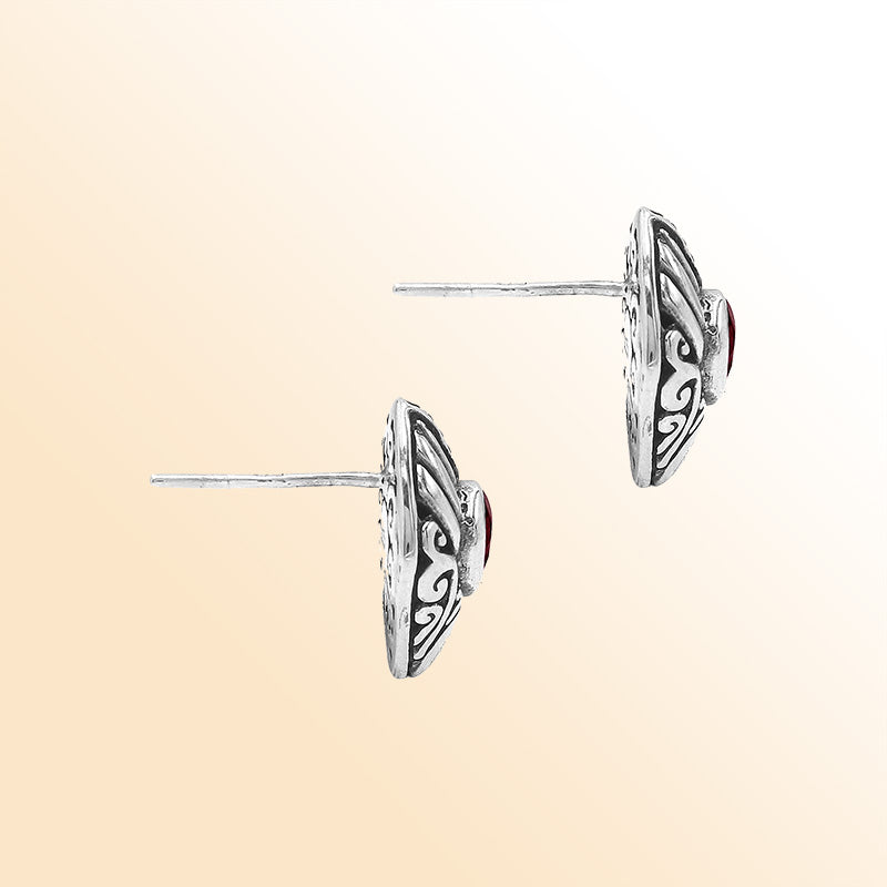 Sterling Silver Bali Marquise Garnet Quartz Stud Earrings With Oxidized Scroll Carving Handcrafted In Bali