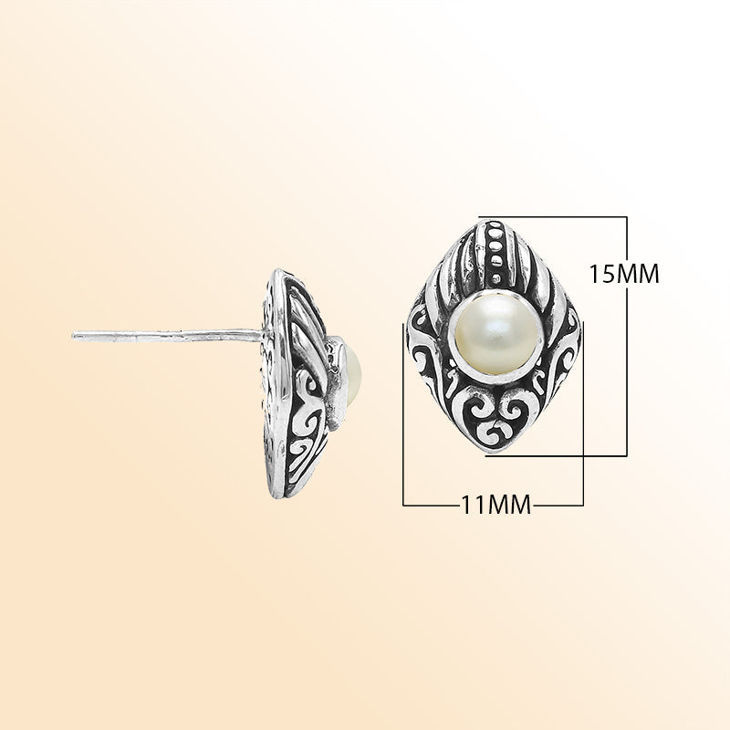 Sterling Silver Marquise Pearl Stud Earrings With Bali Scroll Detailing Handcrafted In Bali