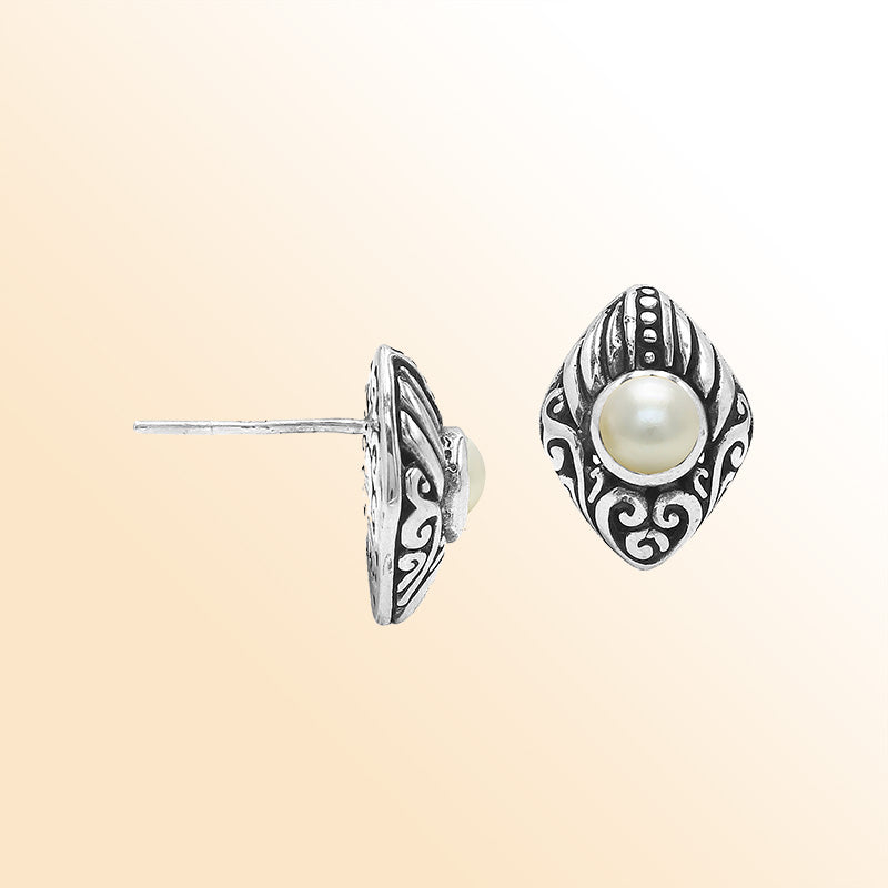 Sterling Silver Marquise Pearl Stud Earrings With Bali Scroll Detailing Handcrafted In Bali