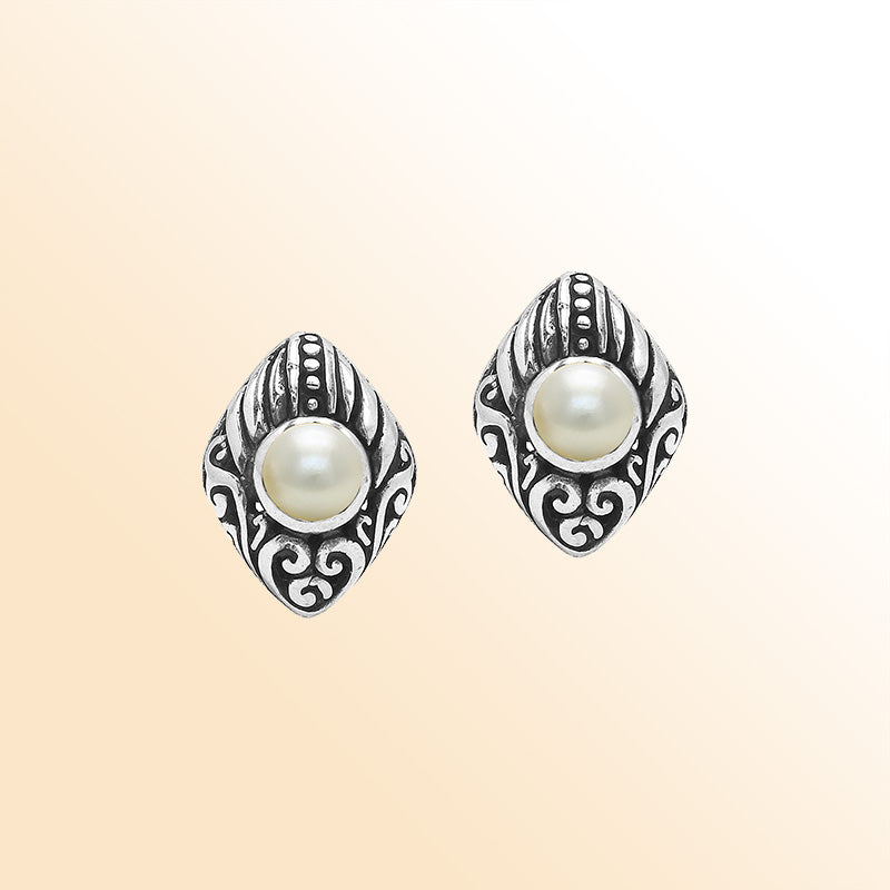 Sterling Silver Marquise Pearl Stud Earrings With Bali Scroll Detailing Handcrafted In Bali