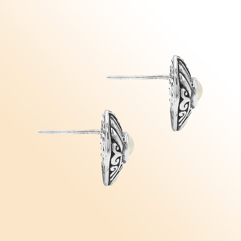 Sterling Silver Marquise Pearl Stud Earrings With Bali Scroll Detailing Handcrafted In Bali