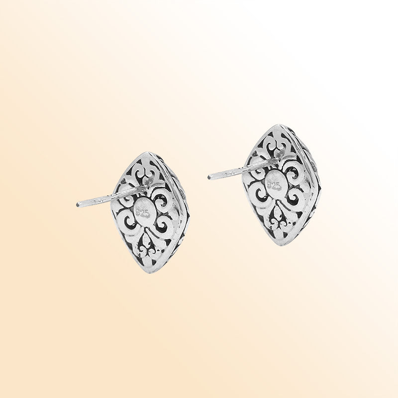 Sterling Silver Marquise Pearl Stud Earrings With Bali Scroll Detailing Handcrafted In Bali