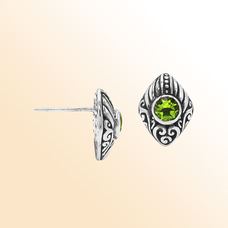 Sterling Silver Bali Marquise Peridot Quartz Stud Earrings With Oxidized Scroll Carving Handcrafted In Bali