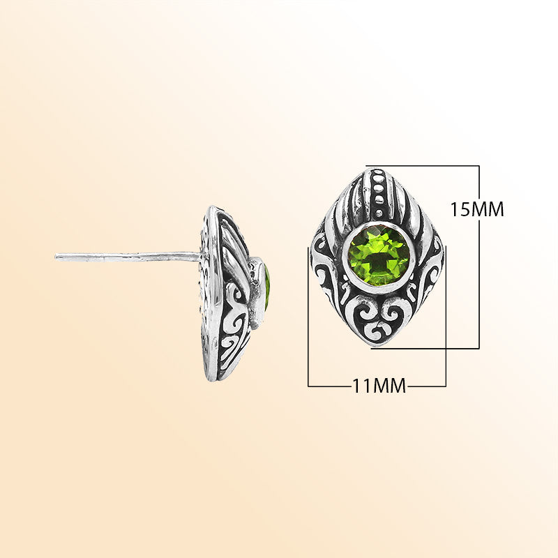 Sterling Silver Bali Marquise Peridot Quartz Stud Earrings With Oxidized Scroll Carving Handcrafted In Bali