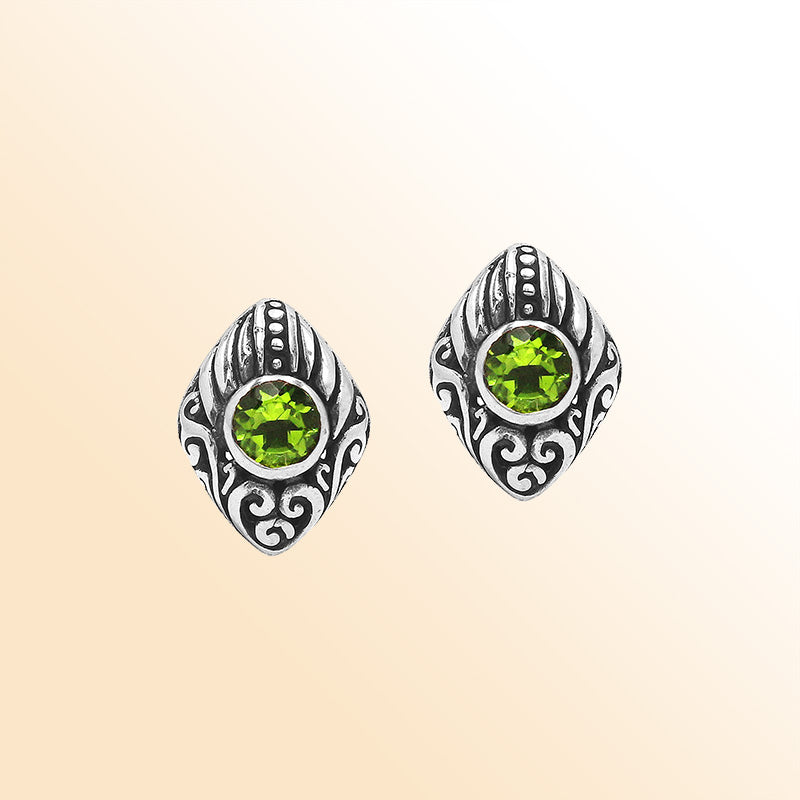 Sterling Silver Bali Marquise Peridot Quartz Stud Earrings With Oxidized Scroll Carving Handcrafted In Bali