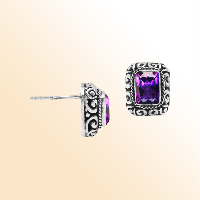 Sterling Silver Bali Rectangular Amethyst Quartz Stud Earrings With Oxidized Scroll Carving Handcrafted In Bali