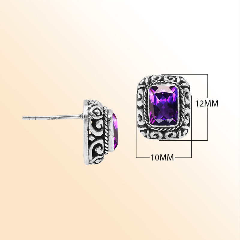 Sterling Silver Bali Rectangular Amethyst Quartz Stud Earrings With Oxidized Scroll Carving Handcrafted In Bali