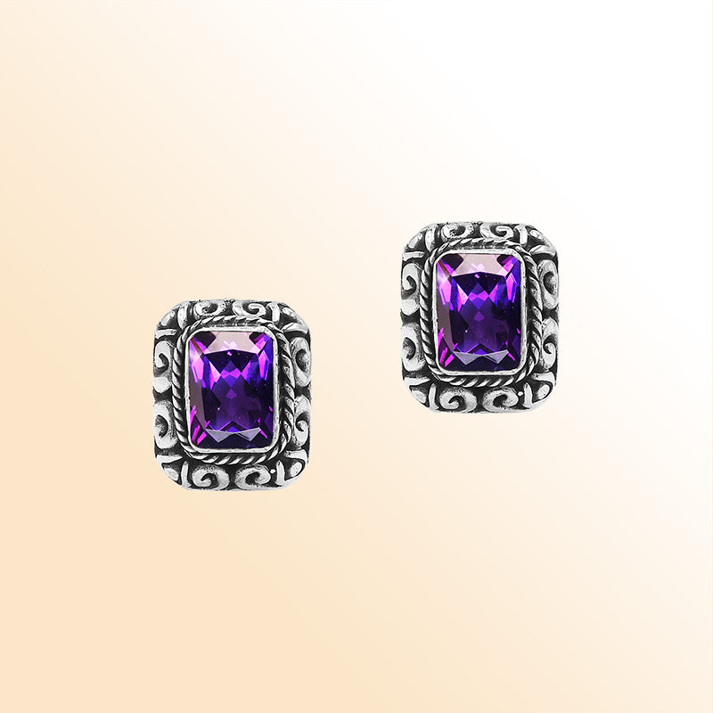 Sterling Silver Bali Rectangular Amethyst Quartz Stud Earrings With Oxidized Scroll Carving Handcrafted In Bali