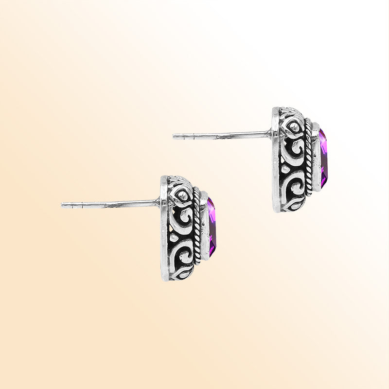 Sterling Silver Bali Rectangular Amethyst Quartz Stud Earrings With Oxidized Scroll Carving Handcrafted In Bali