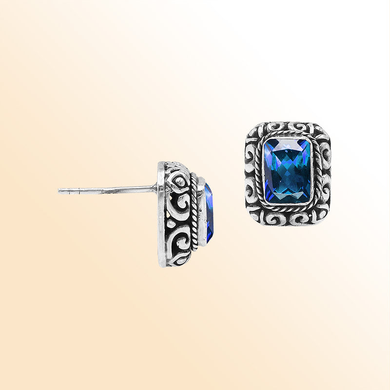 Sterling Silver Bali Rectangular Blue Topaz Quartz Stud Earrings With Oxidized Scroll Carving Handcrafted In Bali