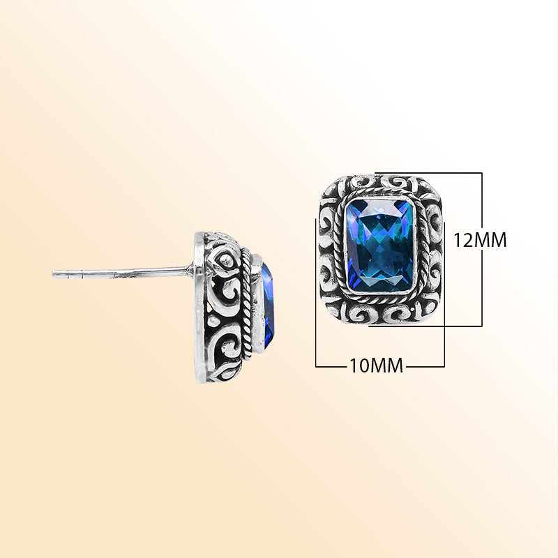Sterling Silver Bali Rectangular Blue Topaz Quartz Stud Earrings With Oxidized Scroll Carving Handcrafted In Bali