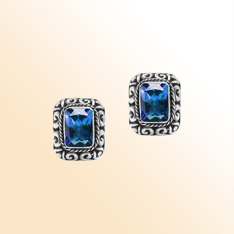 Sterling Silver Bali Rectangular Blue Topaz Quartz Stud Earrings With Oxidized Scroll Carving Handcrafted In Bali