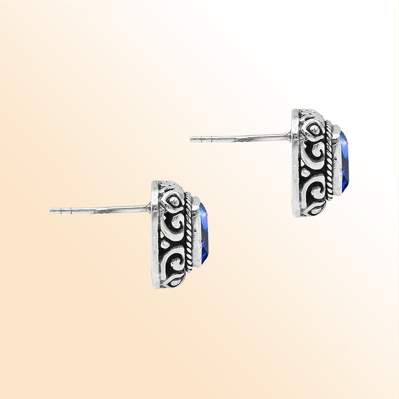 Sterling Silver Bali Rectangular Blue Topaz Quartz Stud Earrings With Oxidized Scroll Carving Handcrafted In Bali