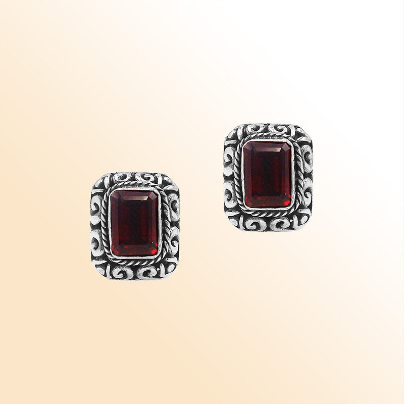 Handcrafted Sterling Silver Garnet Quartz Earrings With Vintage Balinese Scroll Artistry