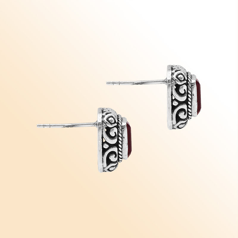 Handcrafted Sterling Silver Garnet Quartz Earrings With Vintage Balinese Scroll Artistry