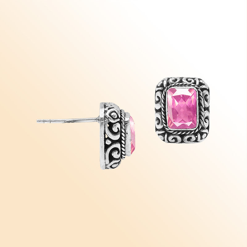 Handcrafted Sterling Silver Pink Quartz Earrings With Vintage Balinese Scroll Artistry