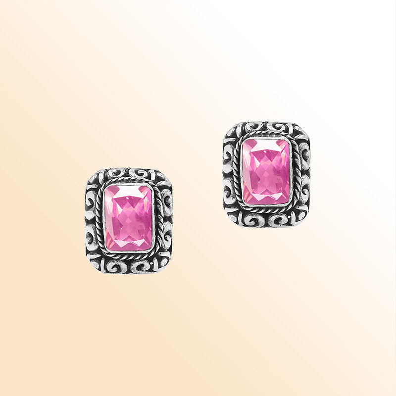 Handcrafted Sterling Silver Pink Quartz Earrings With Vintage Balinese Scroll Artistry
