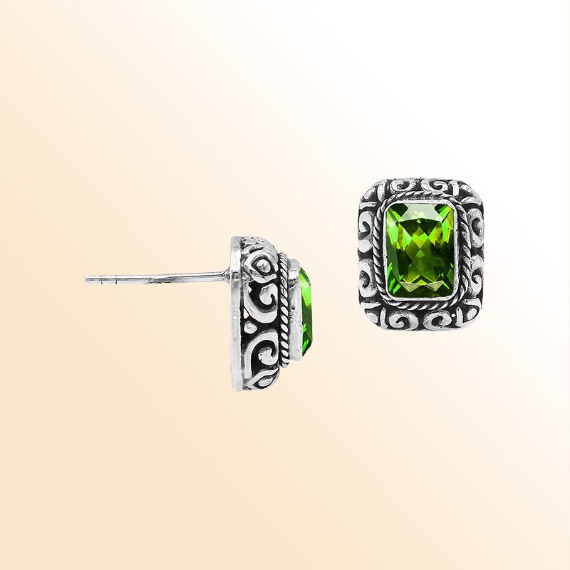 Sterling Silver Bali Rectangular Peridot Quartz Stud Earrings With Oxidized Scroll Carving Handcrafted In Bali
