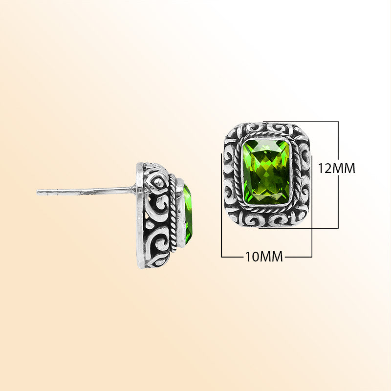Sterling Silver Bali Rectangular Peridot Quartz Stud Earrings With Oxidized Scroll Carving Handcrafted In Bali
