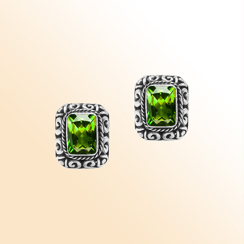 Sterling Silver Bali Rectangular Peridot Quartz Stud Earrings With Oxidized Scroll Carving Handcrafted In Bali