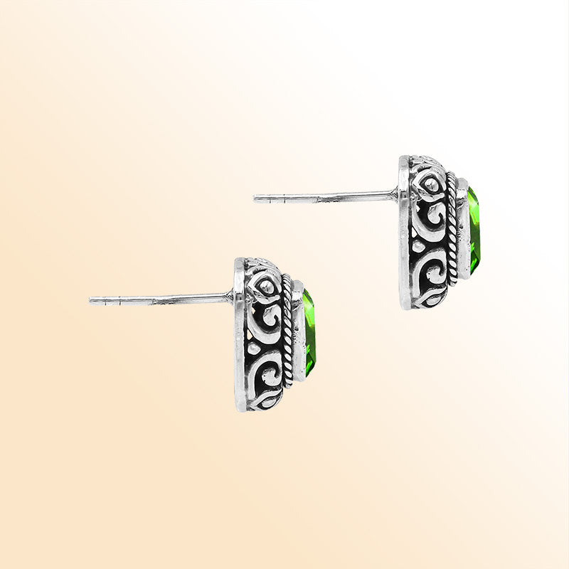 Sterling Silver Bali Rectangular Peridot Quartz Stud Earrings With Oxidized Scroll Carving Handcrafted In Bali
