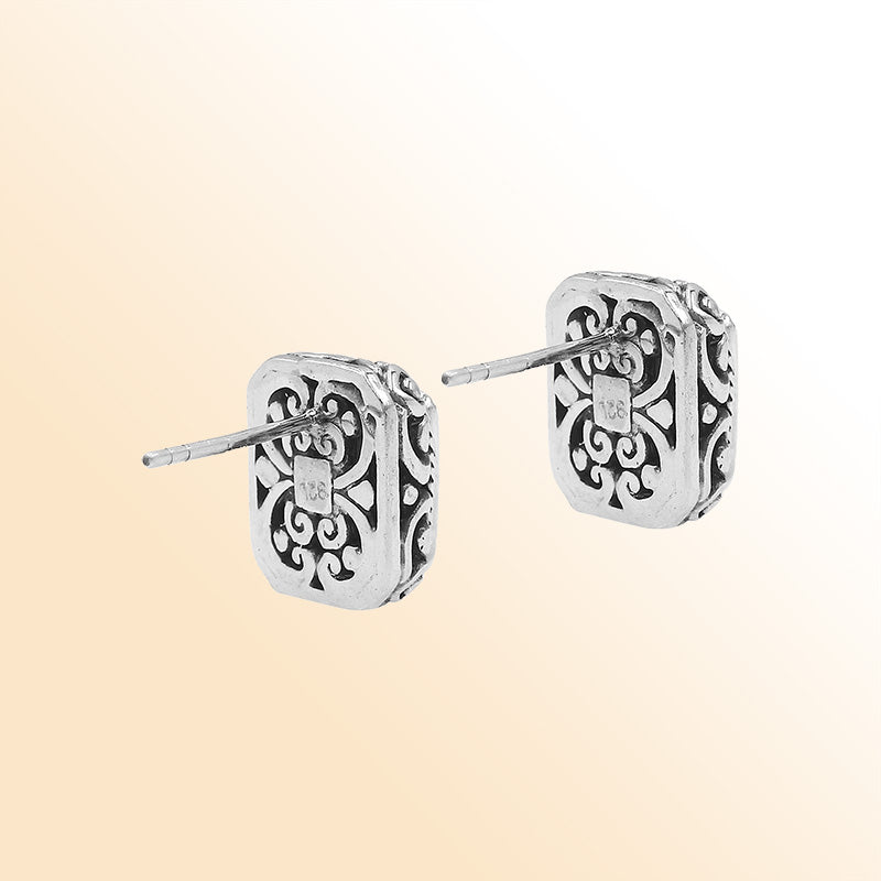 Sterling Silver Bali Rectangular Peridot Quartz Stud Earrings With Oxidized Scroll Carving Handcrafted In Bali