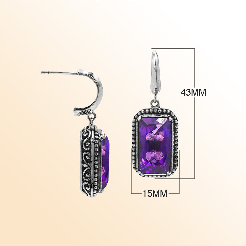 Handcrafted Sterling Silver Amethyst Quartz Drop Earrings With Rope Frame And Balinese Scroll Accents