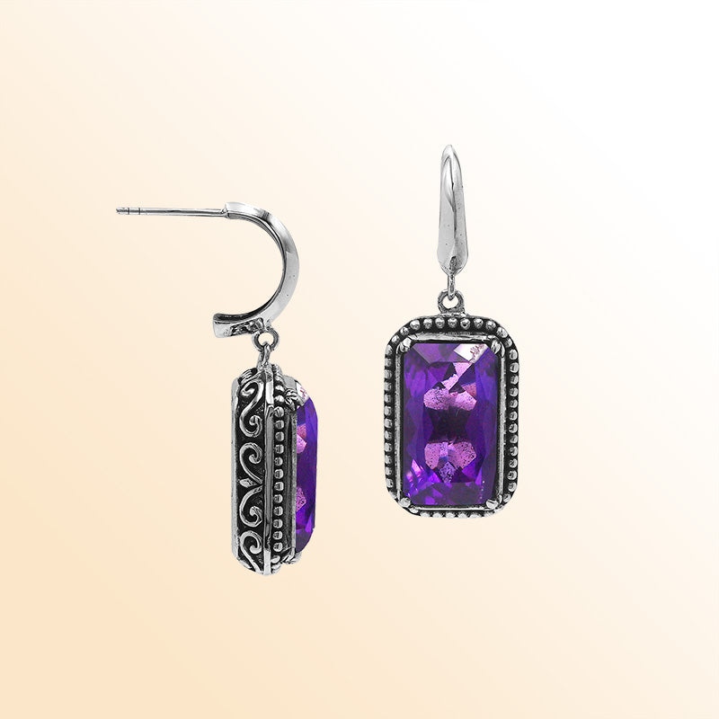 Handcrafted Sterling Silver Amethyst Quartz Drop Earrings With Rope Frame And Balinese Scroll Accents