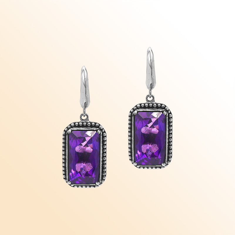 Handcrafted Sterling Silver Amethyst Quartz Drop Earrings With Rope Frame And Balinese Scroll Accents