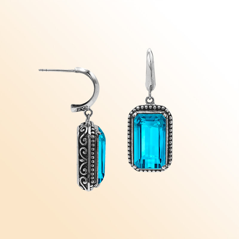 Handcrafted Sterling Silver Blue Topaz Quartz Drop Earrings With Rope Frame And Balinese Scroll Accents