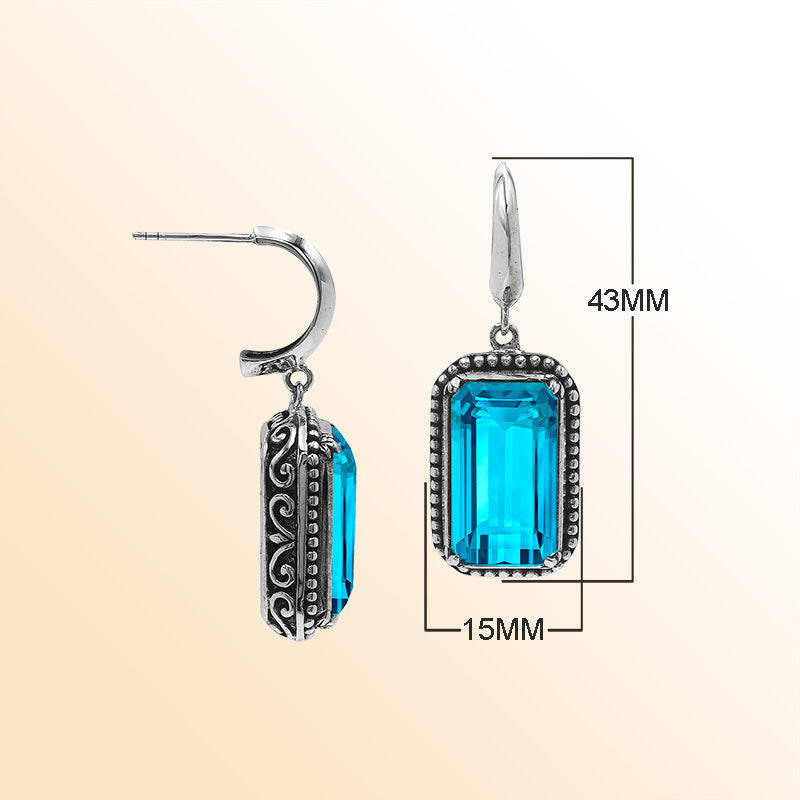 Handcrafted Sterling Silver Blue Topaz Quartz Drop Earrings With Rope Frame And Balinese Scroll Accents