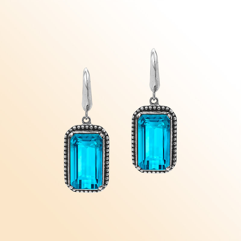 Handcrafted Sterling Silver Blue Topaz Quartz Drop Earrings With Rope Frame And Balinese Scroll Accents