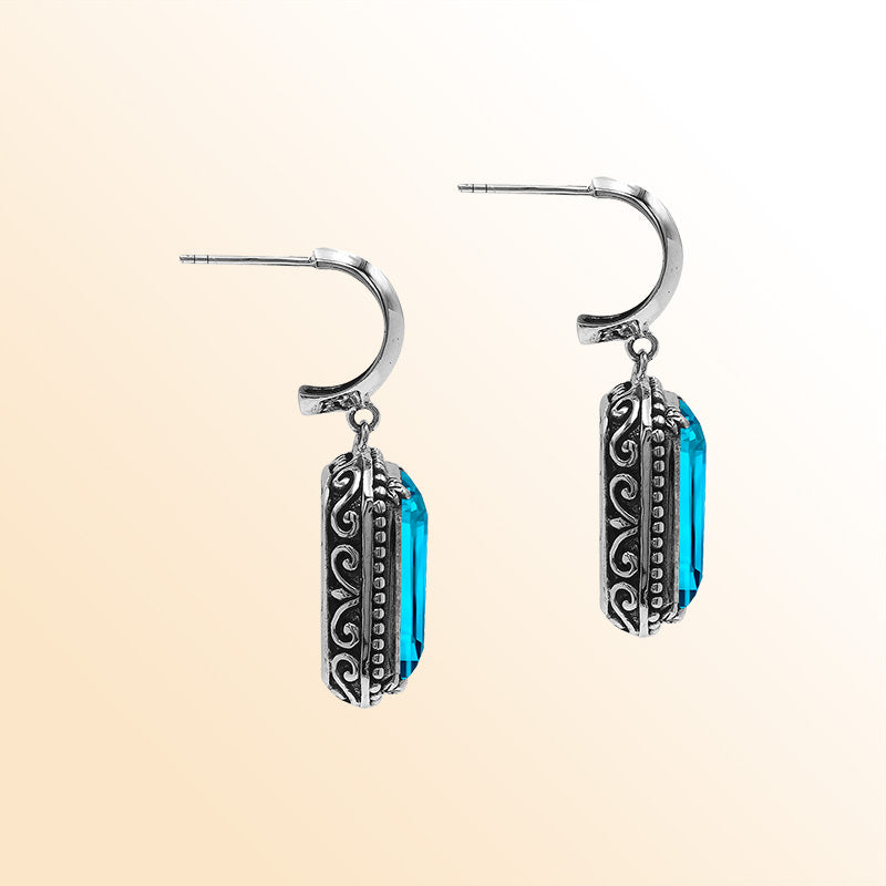 Handcrafted Sterling Silver Blue Topaz Quartz Drop Earrings With Rope Frame And Balinese Scroll Accents