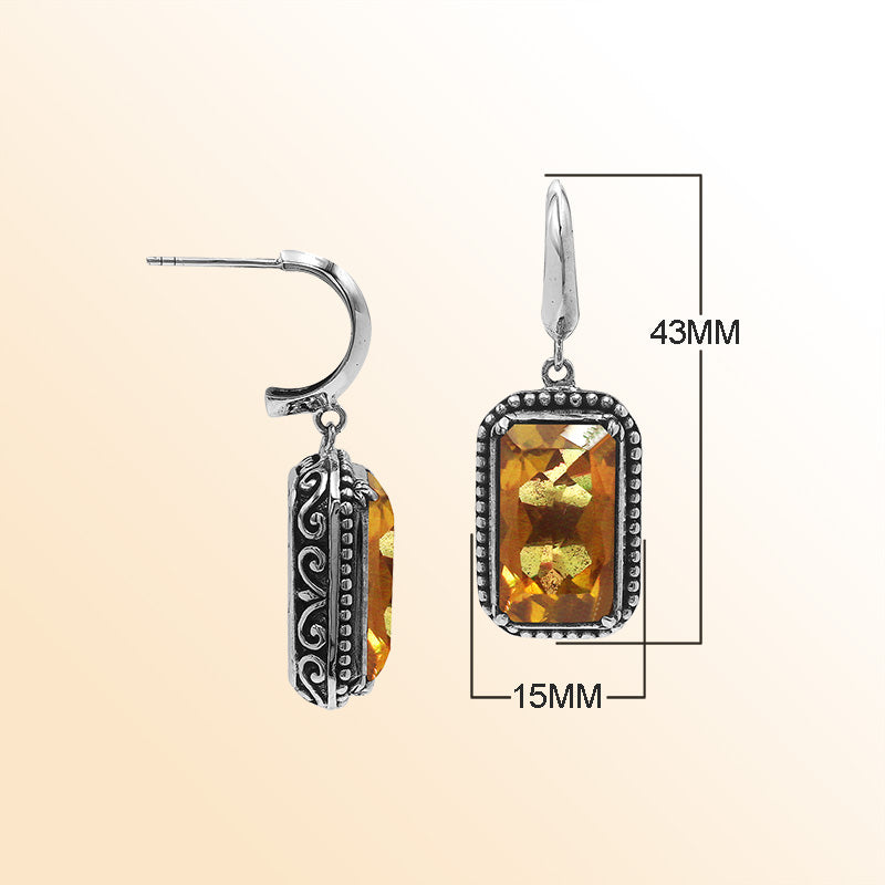 Handcrafted Sterling Silver Citrine Quartz Drop Earrings With Rope Frame And Balinese Scroll Accents
